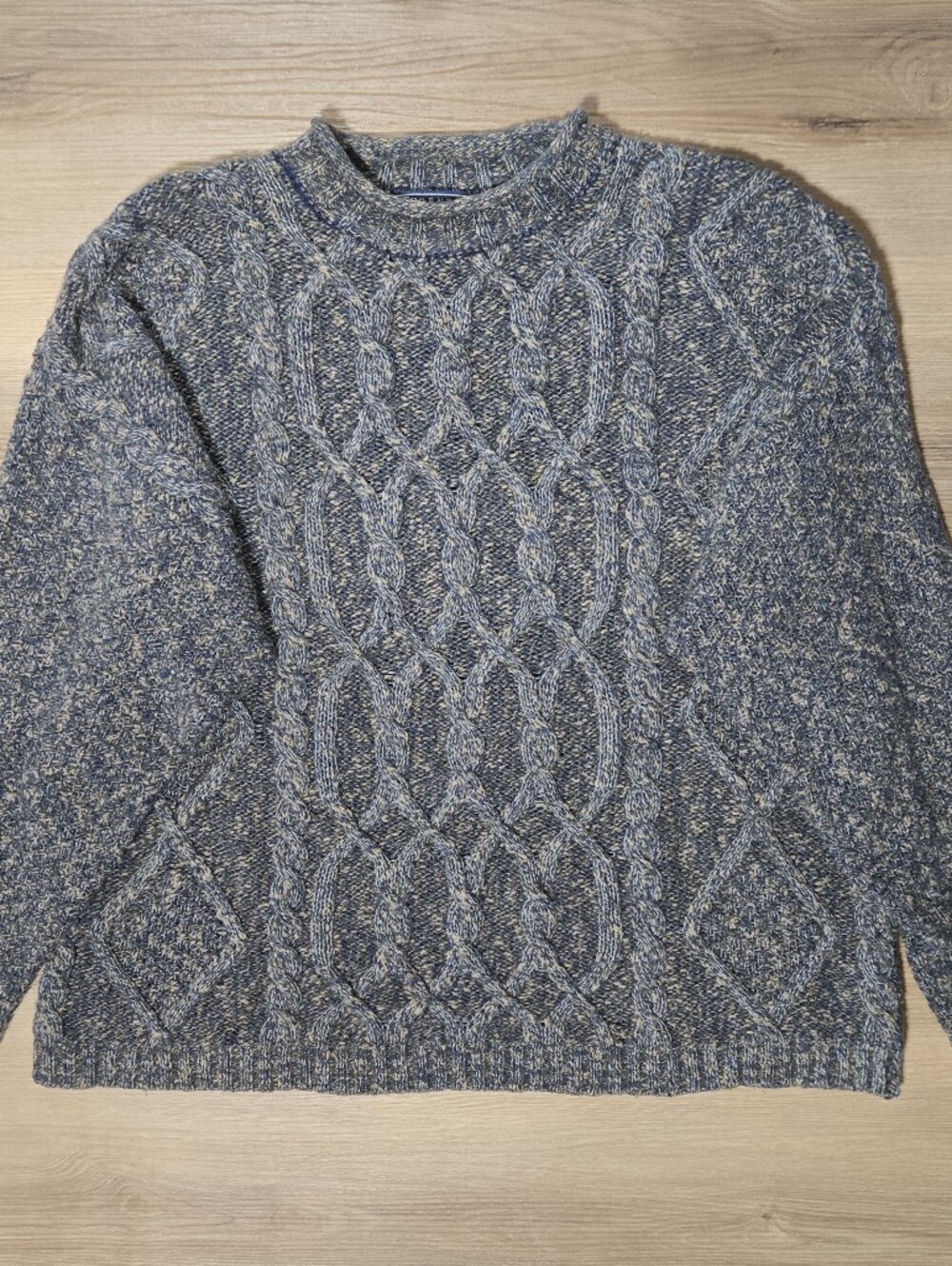 Vintage Wool Blue Marled Cable-Knit Crewneck Sweater